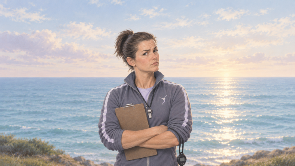 Illustration of Helga, my inner critic, as a stern sports coach with a clipboard, a whistle, and an ocean of joy unnoticed.