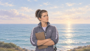 Illustration of Helga, my inner critic, as a stern sports coach with a clipboard, a whistle, and an ocean of joy unnoticed.