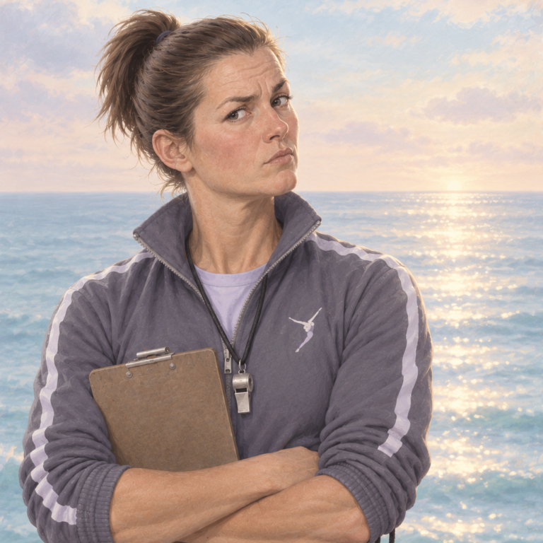 Illustration of Helga, Dr. Cindy Sholes’ inner critic, as a stern sports coach with a clipboard and whistle
